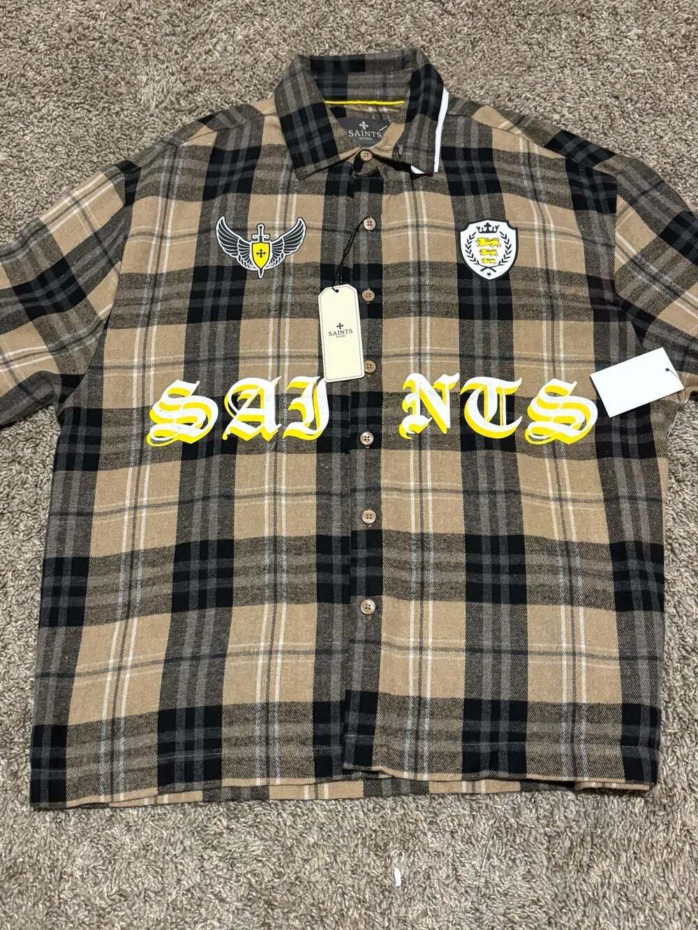 Saints Studio Men's Plaid Flannel Shirt with Graphic Back Patch